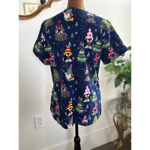 Christmas Scrub Top Gnomes Dogs Holiday Print Women's Medium Nurse Uniform‎ thumbnail 3