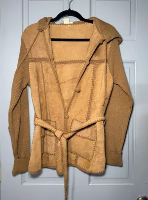 Vintage 80s Genuine Suede Leather Hooded Belted Jacket Sweater Knit Sleeves S/M thumbnail 1