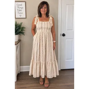 Cream Floral Cotton Maxi Dress Lace Tie Cottagecore Tiered Ruffle M thumbnail 2