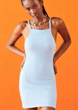 ZARA Cable Weave Bodycon Knit Mini Dress Square Neck in Light Blue Women's Small thumbnail 6