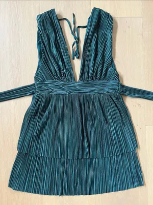 Emerald Green Plunge V-Neck Pleated Satin Mini Dress Women's Medium Large thumbnail 1