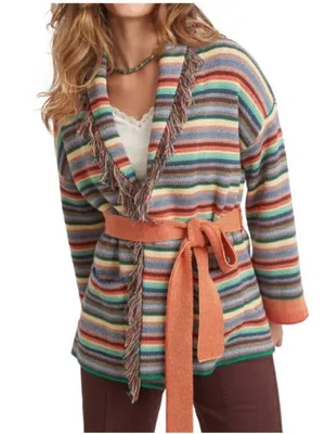 Marine Layer Almere Long Fringe Cardigan In Multi Stripe Small thumbnail 1