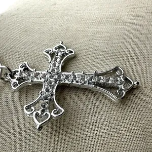 Silver tone rhinestone cross necklace thumbnail 3