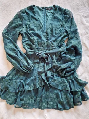 Lulus Green Leaf Embroidered Long Sleeve Tiered Mini Dress M thumbnail 4