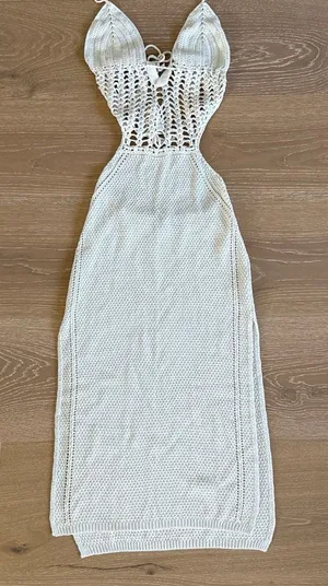 White Fox Midi Dress Crochet Halter Cut Outs Size S/M Beige thumbnail 1