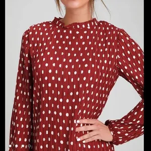 Lulus Pleat to Meet You Wine Red Polka Dot Long Sleeve Shift Dress LARGE‎ thumbnail 3