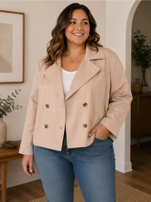 Lauren Conrad Cropped Trench Jacket Double Breasted XXL Neutral‎ Minimalist thumbnail 1