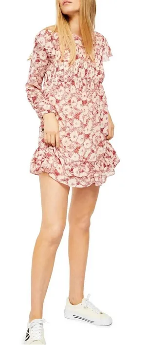 Free People Floral Babydoll Ruffle Mini Dress Burgundy Boho Pintuck Size S thumbnail 1