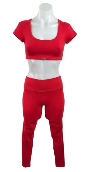 Set Active Red Short Sleeve Scoop Neck Crop Top Leggings Athletic Set Size S thumbnail 1