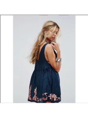 Free People Intimately Aida slip dress Vneck navy pink floral embroidered Small thumbnail 3