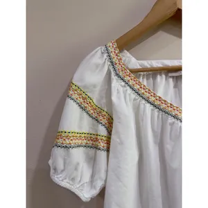 Loft Womens White Embroidered V-Neck Puff Sleeve Cotton Lyocell Blouse XS thumbnail 4
