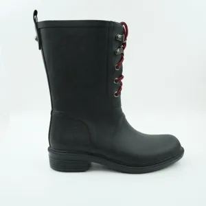 Merona Rain Boots Womens 6 Black Rubber Waterproof Lace Up Red‎ Laces Utility thumbnail 3