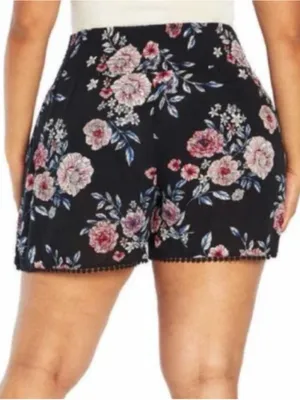 Three Dots Black Floral Smocked Pull-On Shorts Pom Pom Trim Size Medium thumbnail 3