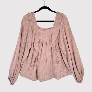 Free People Womens Top Pink Bonnie Ruffle Plaid Babydoll Blouse Stretch Boho XS thumbnail 3