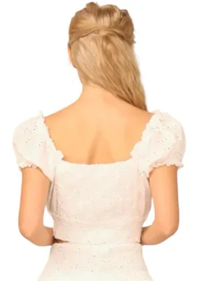 Ocean Drive white eyelet milkmaid cottagecore smocked hemline cropped boho top M thumbnail 3