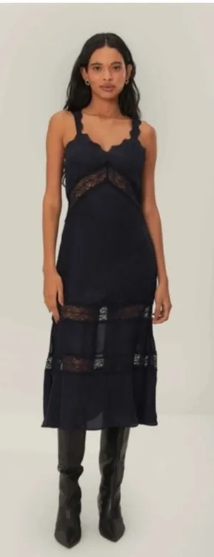 FARM Rio size medium black Lace Midi Dress new Stevie nicks witchy boho satin thumbnail 1