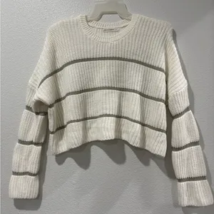 moon & madison Cream and Olive Striped Cropped Oversized Sweater Size L thumbnail 1