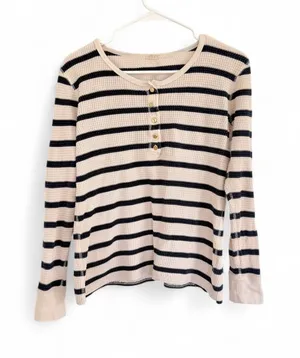 J. Crew Womens Waffle Thermal Henley Top Shirt Striped Blue Ivory Gold Button M thumbnail 1