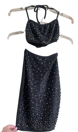 Oh Polly Black Beaded Set: Skirt and Crop Top w Halter Ties Sz 0 NWT thumbnail 1