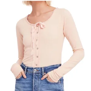 We The Free People Pink Cecelia Coquette Henley Bow Long Sleeve Top Size Large thumbnail 1