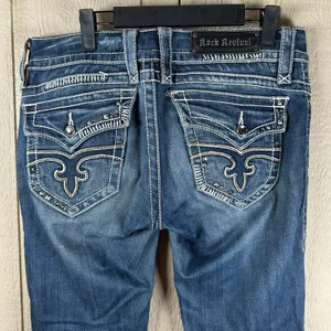Rock Revival Jen Boot Cut Jeans Womens 31 Stretch Denim Blue Studded Flap Pocket thumbnail 8
