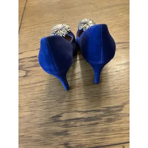 Anthropology Lien Do Blue Suede Pointed Toe Stiletto Pump Pom Pom Slip On US 7 thumbnail 5