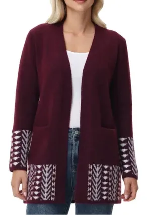 Frye Burgundy Open Front Long Sleeve Geometric Patterned plush Long Cardigan XL thumbnail 1
