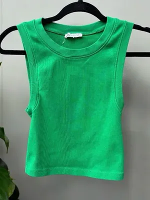Zara Green Ribbed Cropped Tank Top Small thumbnail 1