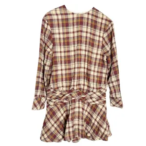Zara Ecru Maroon Plaid Long Sleeve Ruched Flounce Flare Blogger Mini Dress Small thumbnail 2