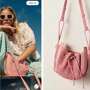 Free People Cabana Woven Drawstring Crossbody Bag in Pink thumbnail 3