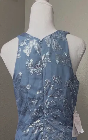 Boutique #3-8 Dusty Blue Sequin High Halter Neckline Sleeveless Column Gown. thumbnail 7