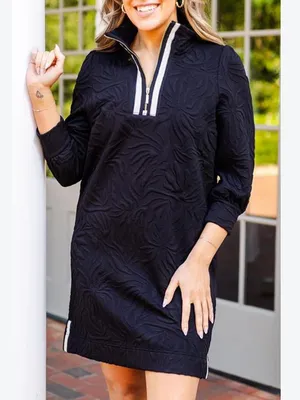 Mary Square Black Jacquard Textured Quarter Zipper Shift Mini Dress size small thumbnail 7
