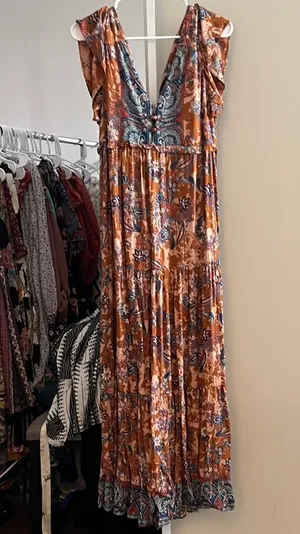 Nostalgia Brown and Orange Maxi Dress V-neck Sleeveless thumbnail 1