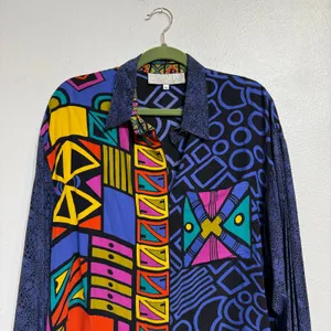 Platinum Blue Abstract Geometric Oversized Colorblock Button Down Blouse Sz M thumbnail 3