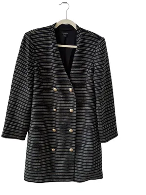 Ann Taylor Tweed Longline Blazer Coat Navy Golden Brown Stripe Size 8 thumbnail 11