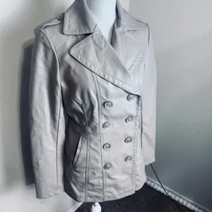 LA Coalition beige Faux Leather Double Breasted Jacket military coat sz Small thumbnail 2