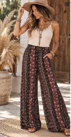 dressbarn Burgundy & Black Boho Wide-Leg Paisley Pants thumbnail 1