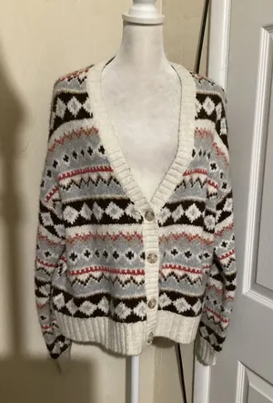 American Eagle Fair Isle Oversized Cardigan Sweater Brown Cream Grey Womens M thumbnail 1