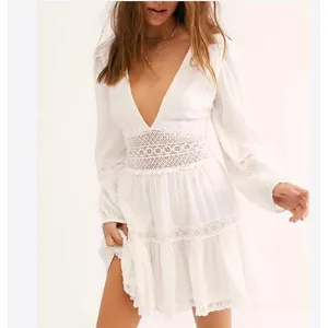 Free People Ponderosa Mini Dress Womens 4 Ivory Boho‎ Lace V-Neck OB1084337 thumbnail 3