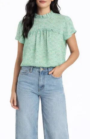 Joie Green Floral Babydoll Blouse with Gold Accents Short Sleeve Medium thumbnail 1