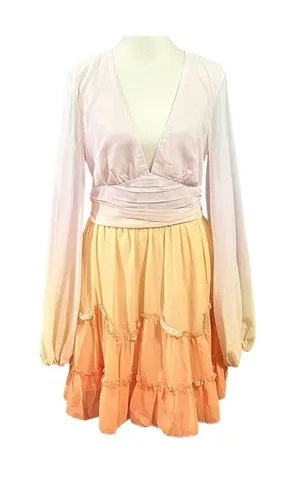 Petal + Pup Ombre Ruffle Tiered Long Sleeve Deep V-Neck Dress Orange Size Medium thumbnail 1