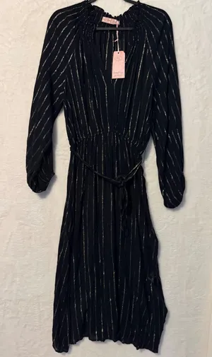 Traffic People Black Gold Metallic Stripe Midi Dress‎ Long Sleeve XS NWT $154 thumbnail 1