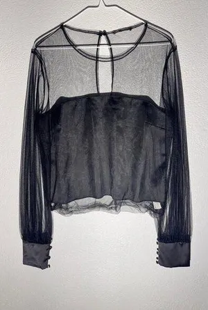 ZARA Sheer Black Mesh Long Sleeve Blouse Size L thumbnail 1