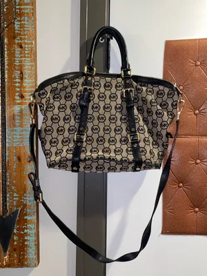 Michael Kors Black and Beige MK Monogram Satchel with Crossbody Strap thumbnail 1