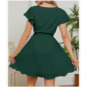 NEW Green Wrap V Neck Belted Swing Pleated Mini Dress M thumbnail 2