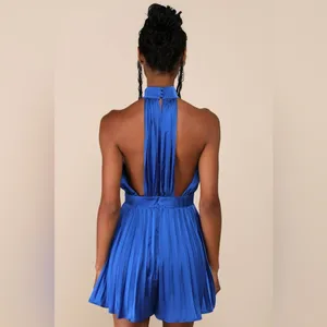 NWT Lulus Seriously Stunning Cerulean Blue Satin Pleated Backless Romper Small thumbnail 3