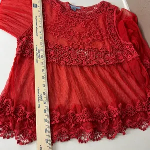 Pink Melo Red Mesh Crochet Lace Peplum Top Bell Sleeve Boho Large Festival Goth Dark Fairy thumbnail 9