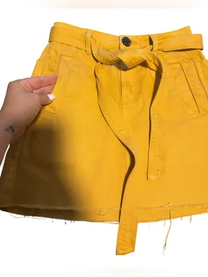 PacSun Mustard Yellow Denim Mini Skirt Belted Raw Hem‎ Pockets Size 23 thumbnail 3