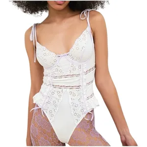 For Love and Lemons Daisy Eyelet Embroidered Bodysuit White and Lavender 36C NWT thumbnail 1