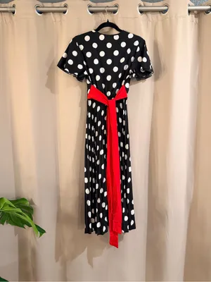 SHEIN Black and White Polka Dot with Red Wrap Dress thumbnail 2